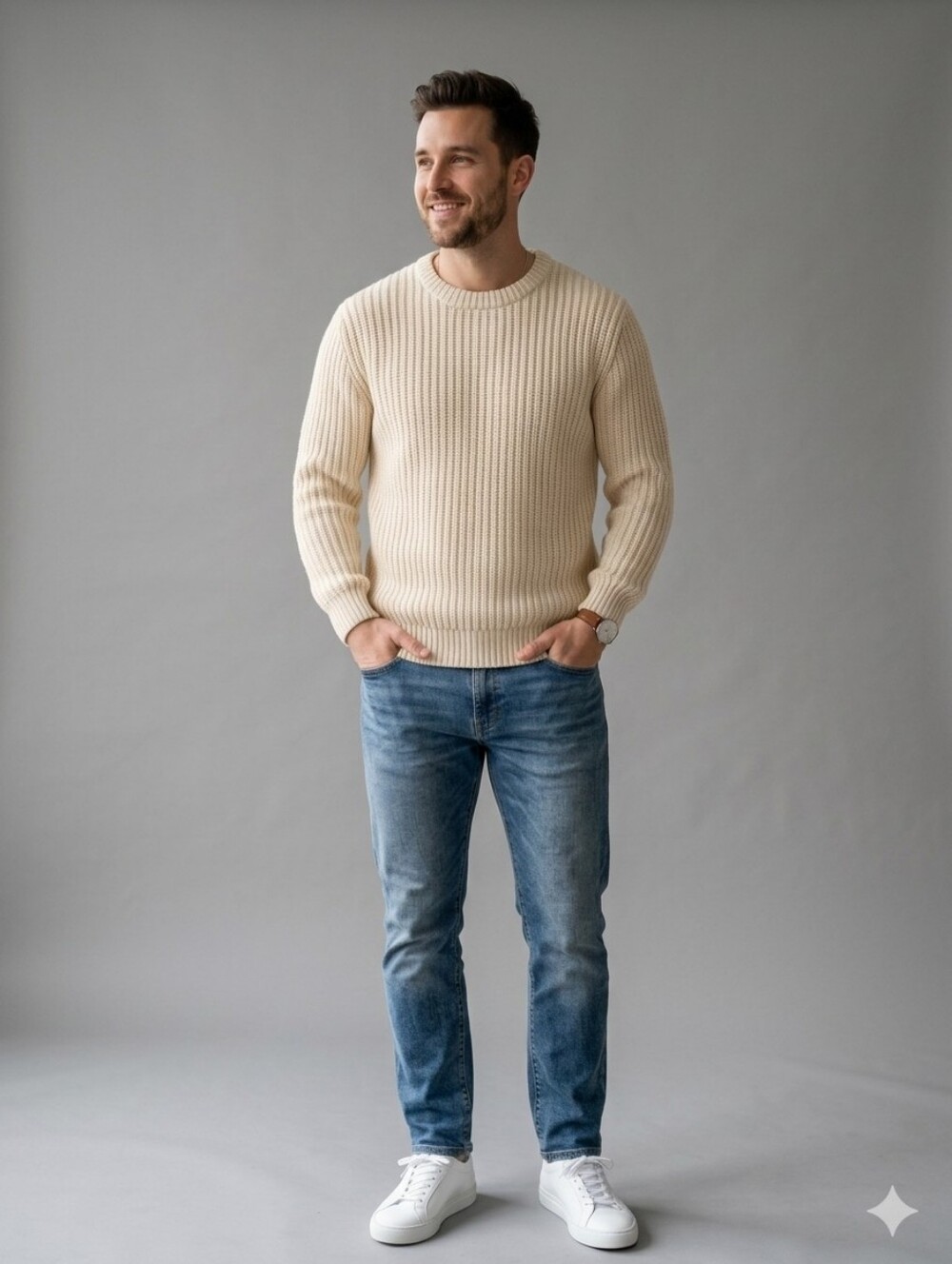 Zara Men's Cream Ribbed Crewneck Sweater Sz Medium